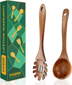 Wooden Spoons for Cooking, 2Pcs Wooden Kitchen Utensils, Wooden Pasta Fork and Ladle for Spaghetti, Nostick Teak Wood Utensil Set for Cooking (Ladle & Spaghetti Server)