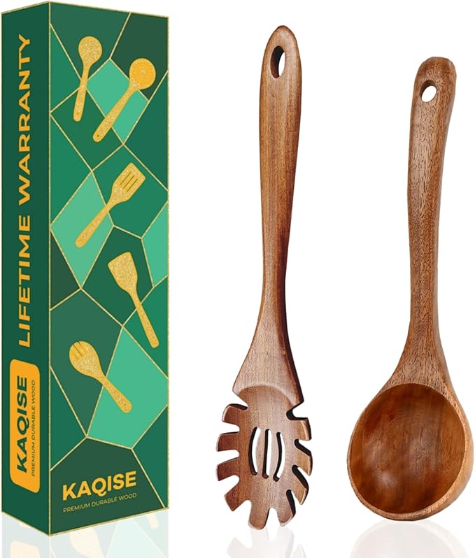 Wooden Spoons for Cooking, 2Pcs Wooden Kitchen Utensils, Wooden Pasta Fork and Ladle for Spaghetti, Nostick Teak Wood Utensil Set for Cooking (Ladle & Spaghetti Server)