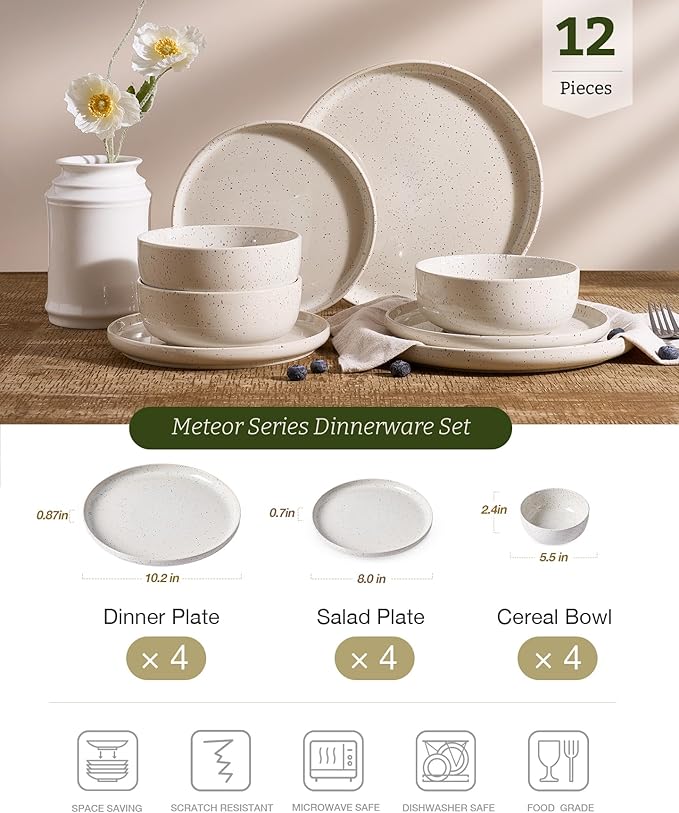Famiware Meteor Plates and Bowls Sets for 4, 12 Pieces Dinnerware Sets, Microwave and Dishwasher Safe Dishes Set, Creamy White