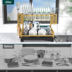 B-Land Dish Drying Rack, 2 Tier Dish Racks for Kitchen Counter, Large Dish Drying Rack with Drainboard & Utensil Holders, Rust-Proof Dish Drainers,Kitchen Organization Gold