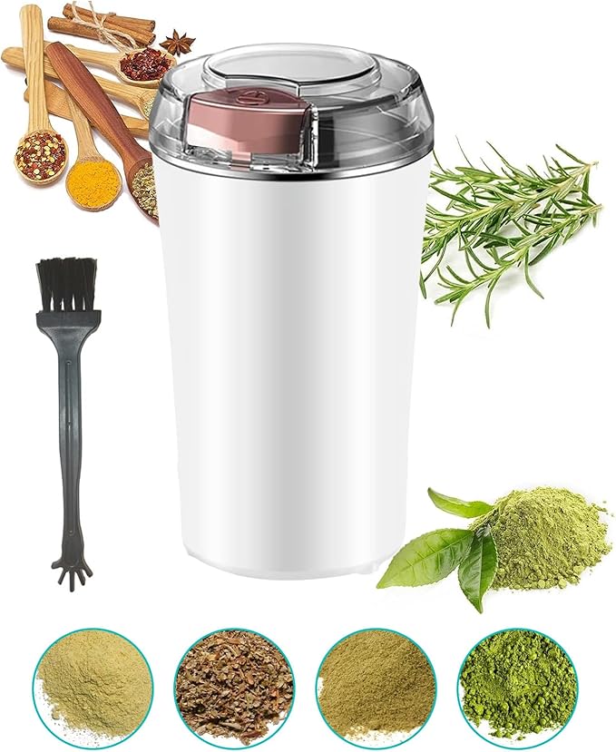 Electric Herb Grinder 200W Powerful Fast Grinding for Dry Spices Flower Buds with Brush, Easy On/Off One-Touch Push Button Powder Grinder Perfect For Herbs, Spices, Nuts, Grains and Coffee Beans