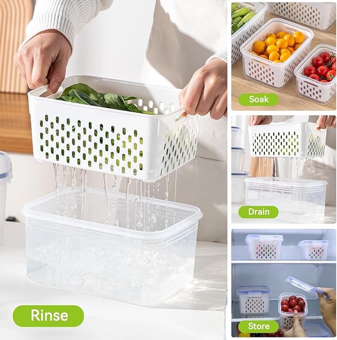 3 Pack Fruit Storage Containers for Fridge, Airtight Food Storage Containers with Removable Colander, Produce Saver Organizers Storage for Refrigerator, Keep Fruit Vegetable Meat Berry Fresh Longer