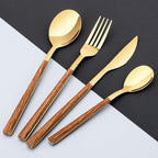 Stainless Steel Flatware Set for 4, Cutlery Utensils Set with Simulated Wooden Handle Include Knives Forks Spoons Service for 4, Mirror Polished and Dishwasher Safe (Gold)
