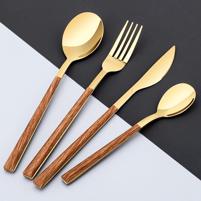 Stainless Steel Flatware Set for 4, Cutlery Utensils Set with Simulated Wooden Handle Include Knives Forks Spoons Service for 4, Mirror Polished and Dishwasher Safe (Gold)