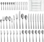 HIKAA Forged Silverware Set Stainless Steel Flatware Set,Service for 8,Matte Satin Polished Cutlery Set, with Serving Set and Metal Organizer (Matte Silver 45PCS)