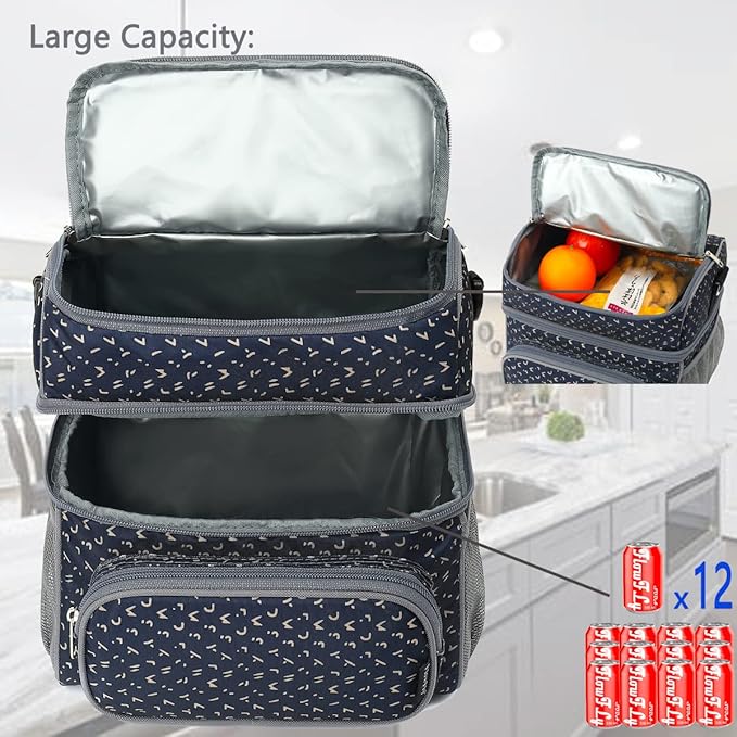 FlowFly Double Layer Cooler Insulated Lunch Bag Adult Lunch Box Large Tote Bag for Men, Women, With Adjustable Strap,Front Pocket and Dual Large Mesh Side Pockets