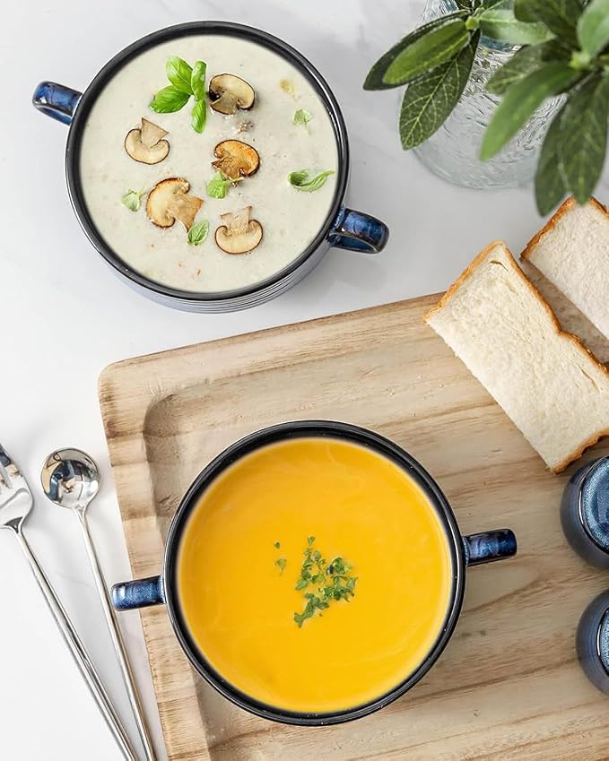 Soup Bowls with Handles, 22 oz French Onion Soup Bowls, Stackable Ceramic Bowls Set of 2, Serving Bowls for Chili, Beef Stew, Soup, Cereal, Oven Microwave Dishwasher Safe, Blue