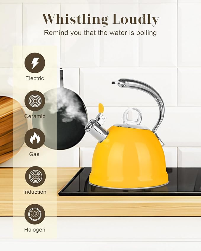 Harriet Tea Kettle Stovetop, 2.5 QT Whistling Stainless Steel Teapot, 3-Layer Base, Unique Ergonomic Handle, Includes Pot Holder & Mat, Electric/Induction/Gas Stovetops Applicable, Yellow