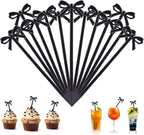 100Pcs Bow Cocktail Picks Party Toothpicks Christmas Black Plastic Fruit Skewers Bow Drink Stirrers Cupcake Toppers Fancy Toothpick for Appetizers Drinks Wedding Coquette Birthday Bow Party Decor