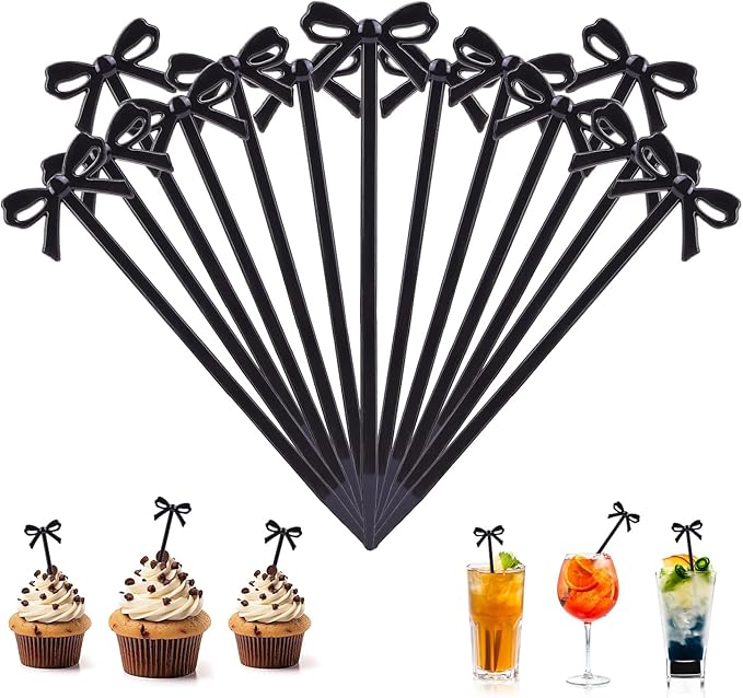 100Pcs Bow Cocktail Picks Party Toothpicks Christmas Black Plastic Fruit Skewers Bow Drink Stirrers Cupcake Toppers Fancy Toothpick for Appetizers Drinks Wedding Coquette Birthday Bow Party Decor