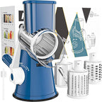 Cambom Rotary Cheese Grater Hand Crank Cheese Shredder for Fresh Cheese, Vegetable, Nuts,Non-slip Suction Base, Free Cleaning Brush Three Blades,Deep Blue