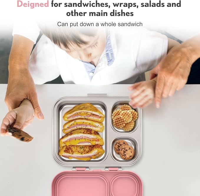 Stainless Steel Bento Box Kids, Leak Proof Metal Bento Lunch Box,3 Compartments 304 Stainless Steel Bento Lunch Containers for School and Office,Dishwasher Safe, BPA-Free(Pink)
