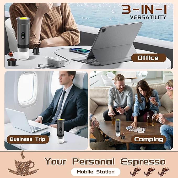 3-in-1 Portable Espresso Machine for Travel & Camping- 20 Bar Self-Heating Portable Coffee Maker with USB-C LED Display Car Coffee Maker, Compatible with Grounds&Capsules(Ns&DG) for RV, Hiking, Office