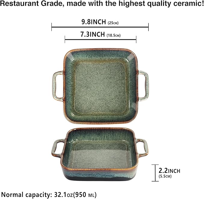 7" x 7" Porcelain Square Casserole Dishes, 2 pieces Baking Dish for Oven, 32 OZ Ceramic Lasagna Pans, Oven Safe Bakeware for Kitchen Cooking, Cake, Banquet and Dinner