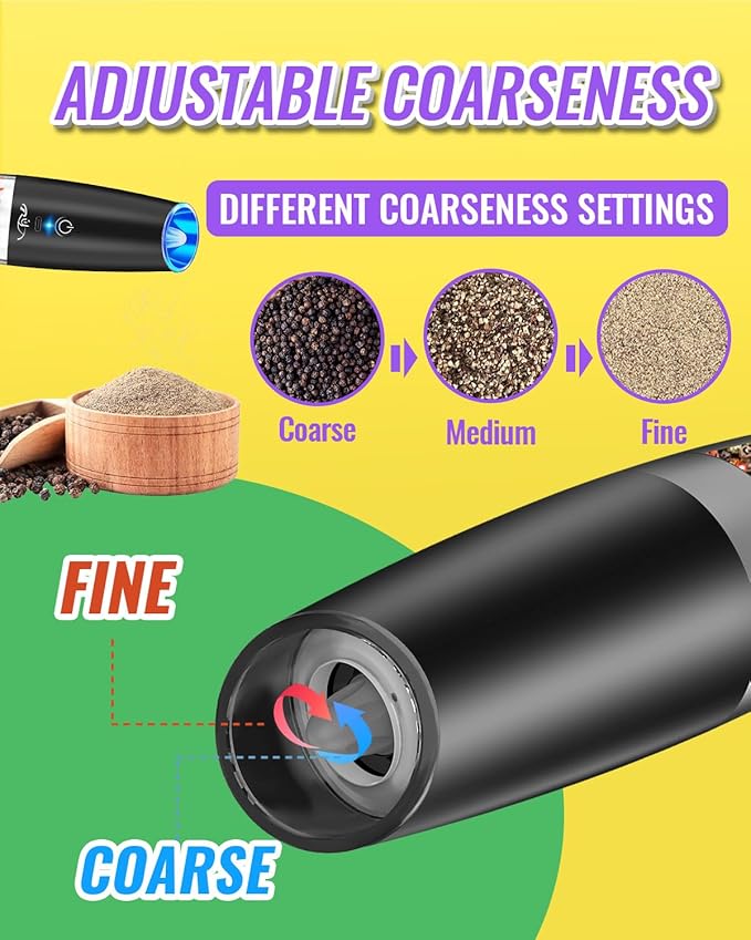 Rongyuxuan Upgraded Rechargeable Gravity Electric Salt and Pepper Grinder Set with LED lights,Stainless Steel Automatic Pepper or Salt Grinder Mill Shaker Refillable with Adjustable Coarseness,Black