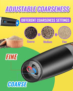 Rongyuxuan Upgraded Rechargeable Gravity Electric Salt and Pepper Grinder Set with LED lights,Stainless Steel Automatic Pepper or Salt Grinder Mill Shaker Refillable with Adjustable Coarseness,Black