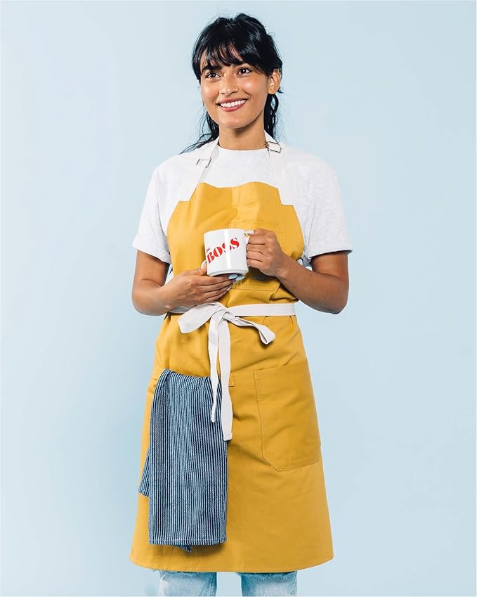 Caldo Daily Cotton Kitchen Apron for Cooking- Mens and Womens Professional Chef or Server Bib Apron - Adjustable Straps with Pockets and Towel Loop (Mustard)