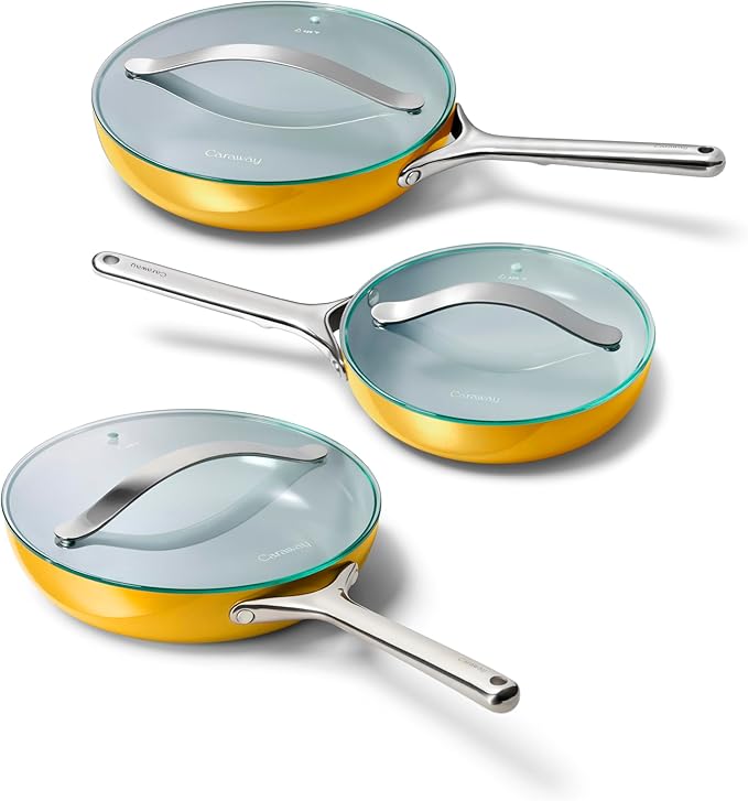 Caraway Ceramic Nonstick Fry Pan Set with Glass Lids – Includes Two 10.5” Fry Pans, One 8” Fry Pan, & Three Lids - Non Toxic, PTFE & PFOA Free - Oven Safe & Compatible with All Stovetops - Marigold