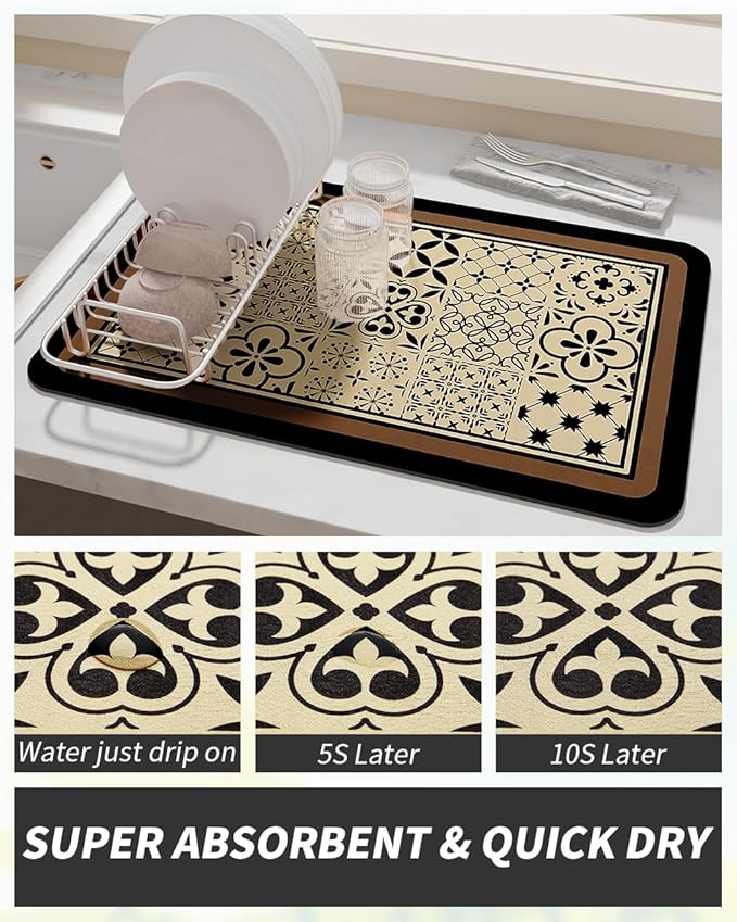 AMOAMI Coffee Mat Hide Stain Rubber Backed Absorbent Dish Drying Mat for Kitchen Counter - Fits Under Coffee Maker - KHAKI 16X24