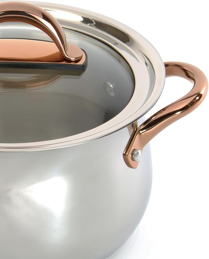 BergHOFF Ouro Gold 18/10 Stainless Steel 3Pc Cookware Set With Glass Lids for Starters Induction Pots and Pans PFOA-free, Rose Gold Handle
