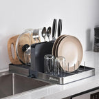 Foldable Dish Drainer Rack with Removable Cutlery Holder Stainless-Steel Dish Drying Rack with Dual Parts, Space-Saving Dish Rack, Rustproof Utensil Drainer for Kitchen Counter, Gray/Steel