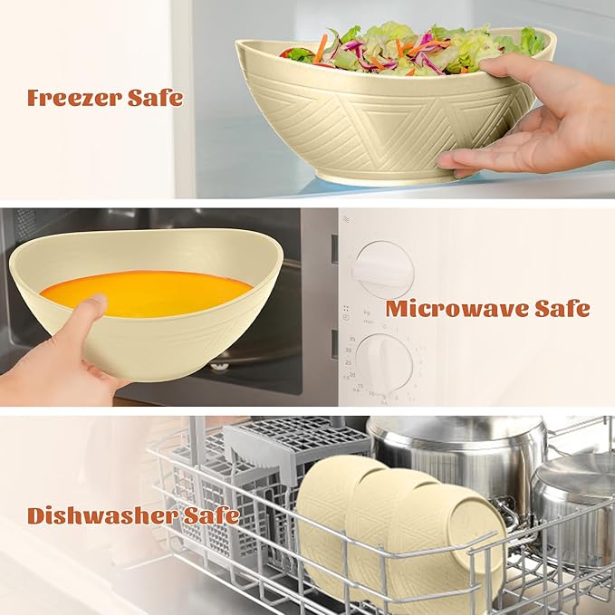 Homienly Salad Bowls Set of 6, 60 OZ Large Wheat Straw Bowls for Kitchen, Camping, Party, Unbreakable Lightweight Popcorn Bowl, Microwave and Dishwasher Safe Bowl Set with Unique Texture - Beige