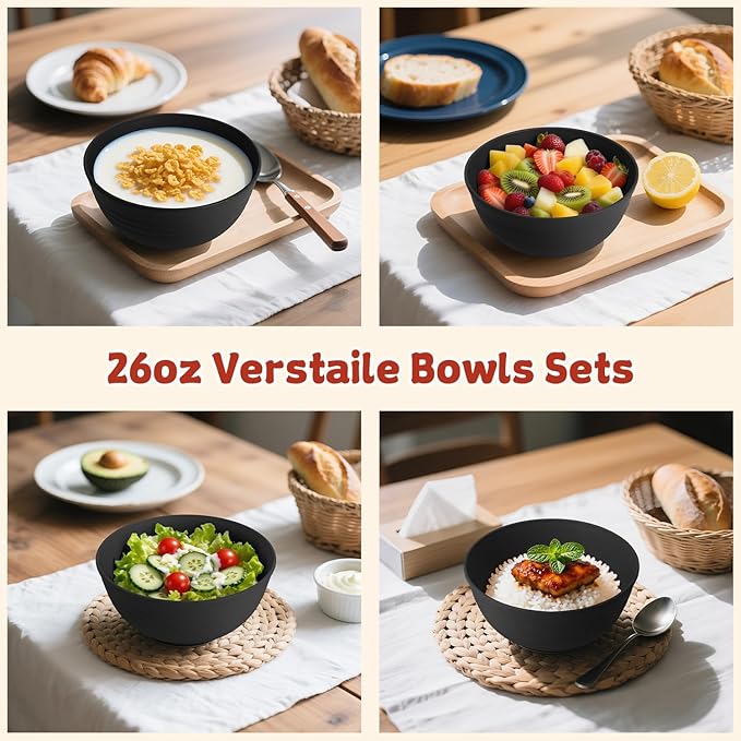 Wheat Straw Camping Bowls Sets of 6,Unbreakable 26oz Lightweight Bowls Sets for Outdoors Activity,Breakfast Bowls for Cereal and Salad.Black Series