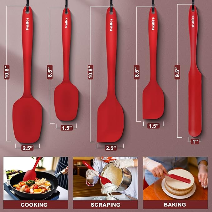 Walfos Silicone Spatula Set of 5-600°F Heat Resistant Kitchen Scraper Spatulas, Strong Steel Core and One-Pieces Seamless Design, Great for Cooking Mixing & Baking - BPA Free & Dishwasher Safe (Red)