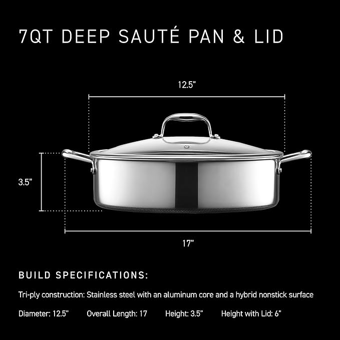 HexClad Hybrid Nonstick 7-Quart Sauté Pan with Tempered Glass Lid, Chicken Fryer, Stay-Cool Handles, Dishwasher-Friendly, Oven-Safe Up to 900°F, Induction Ready, Compatible with All Cooktops