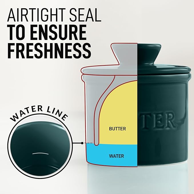 Zulay Kitchen Porcelain Butter Crock With Lid & Knife - Authentic French Butter Dish For Fresh & Spreadable Butter - Forest Green