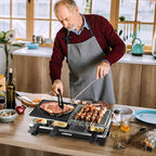 Raclette Table Grill, CUSIMAX Indoor Grill Electric Grill, Portable Korean BBQ Grill with 2 in 1 Reversible Non-stick Plate & Natural Grill Stone, 8 Raclette Pans 8 Wooden Spatulas for Family Fun