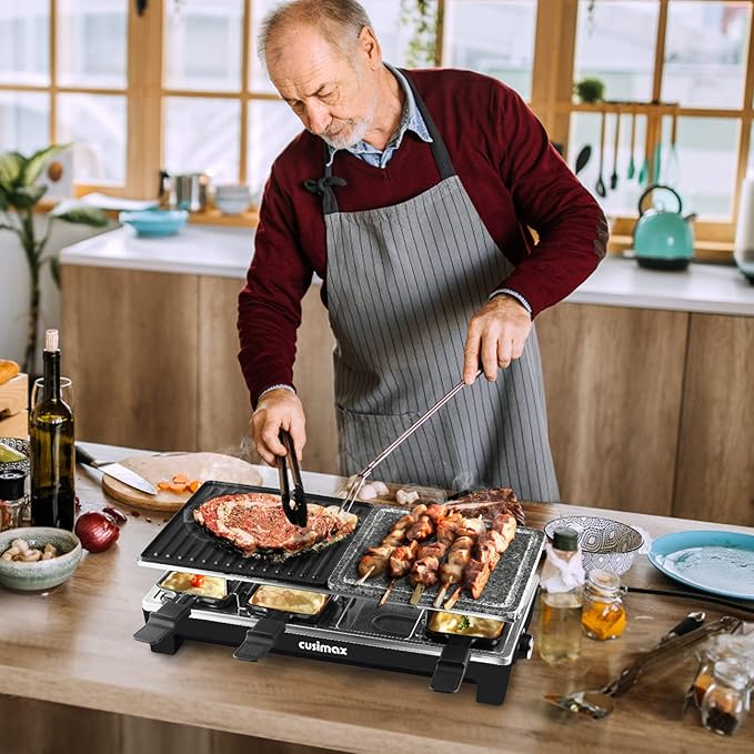 Raclette Table Grill, CUSIMAX Indoor Grill Electric Grill, Portable Korean BBQ Grill with 2 in 1 Reversible Non-stick Plate & Natural Grill Stone, 8 Raclette Pans 8 Wooden Spatulas for Family Fun