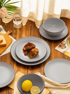 Famiware Venus Plates and Bowls Sets, 18 Pieces Stoneware Dinnerware Sets, Speckled Dishes Set for 6, Microwave and Dishwasher Safe, Matte Light Grey