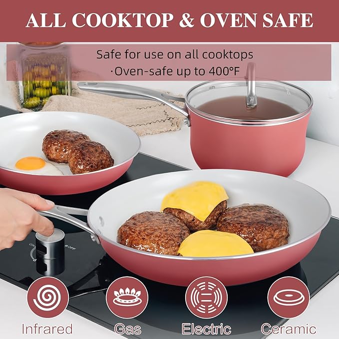 Kitchen Pots and Pans Set Non Stick, 11 Pcs Ceramic Cookware Set with Stay-Cool Handle, Pot and Pan Set NonToxic PFOA/PFAS Free, Dishwasher/Oven Safe, Evenly Heats, Enamel Exterior - Coral Red