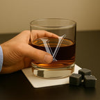Monogrammed Gifts for Men - 4PC 11 Oz Custom Whiskey Glasses (V-Monogram) - Engraved Whiskey Glasses - Personalized Whiskey Glasses - Unique Bourbon Glasses - Personalized Glass Gifts for Dad