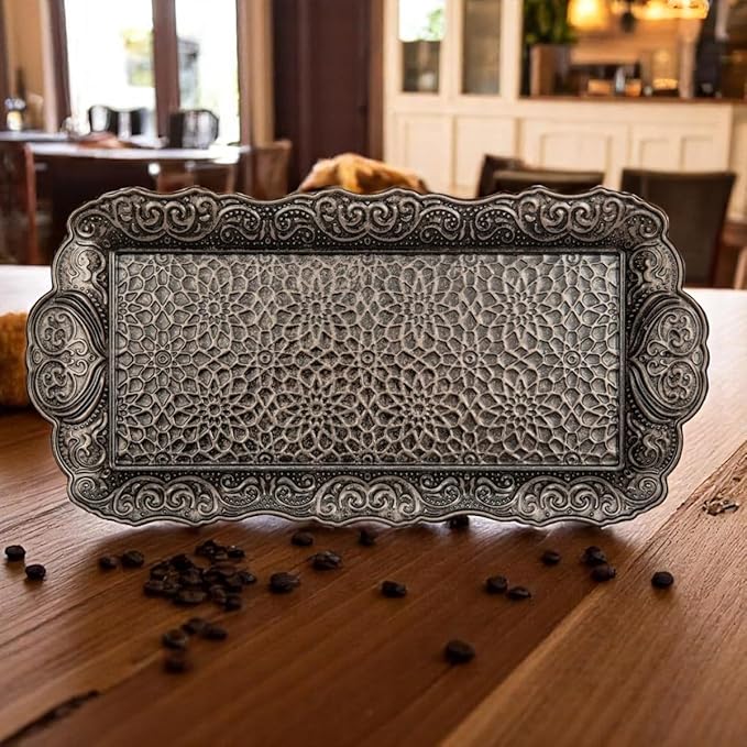Alisveristime Small Ornate Metal Serving Tray – Ottoman Motif Decorative Tray (14.2" x 7.1", 10.8 oz) (Black)