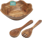 Gibson Home Sandhurst 3-Piece Acacia Wood Salad Bowl Set – 12-Inch Scalloped Serving Bowl with Wooden Salad Servers – Natural Rustic Finish for Dining, Entertaining, or Gifting