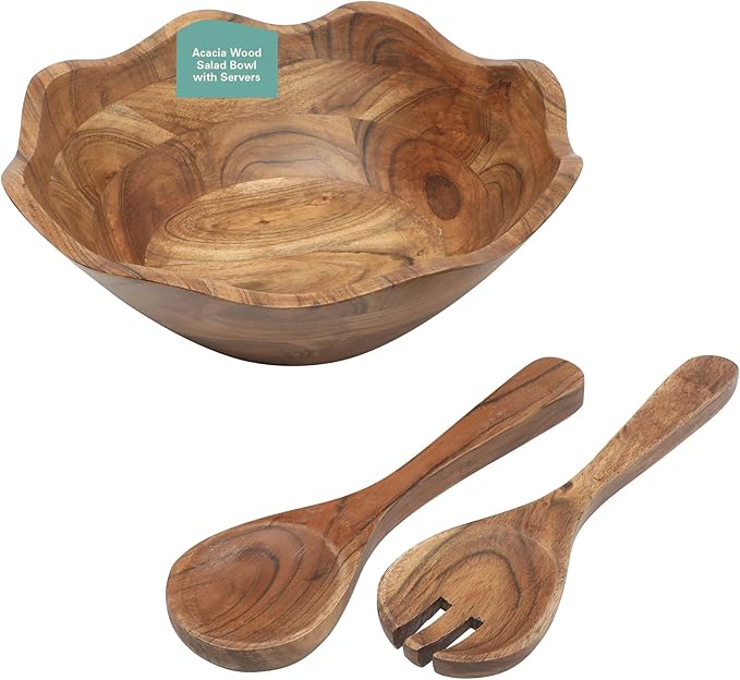 Gibson Home Sandhurst 3-Piece Acacia Wood Salad Bowl Set – 12-Inch Scalloped Serving Bowl with Wooden Salad Servers – Natural Rustic Finish for Dining, Entertaining, or Gifting