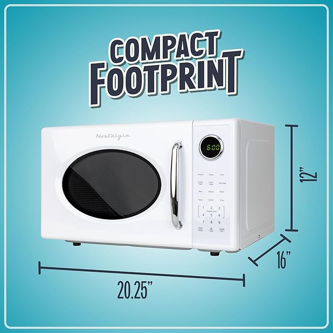 Nostalgia Retro 1000W Microwave Oven 1.1 Cu Ft Capacity – Child Safety Lock, 8 Auto-Cook Settings – Countertop Kitchen Appliance – White