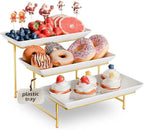 3 Tier Plastic Serving Tray for Party, 11.5" x 5.6" Platters for Serving Food, Microwave-Safe, White Reusable Trays with Black Metal Display Stand for Cupcakes, Dessert, Fruit, Cookie, Gold