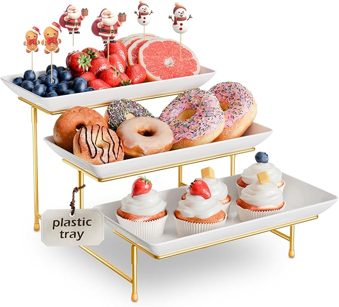 3 Tier Plastic Serving Tray for Party, 11.5" x 5.6" Platters for Serving Food, Microwave-Safe, White Reusable Trays with Black Metal Display Stand for Cupcakes, Dessert, Fruit, Cookie, Gold