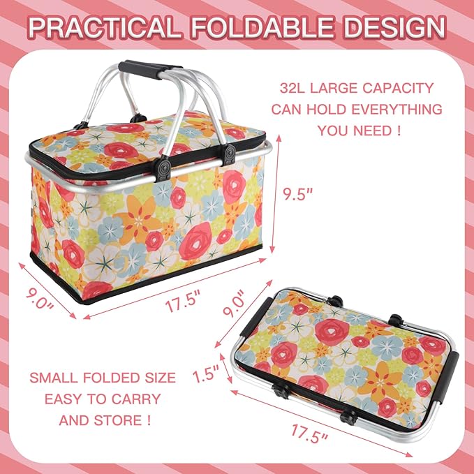 Insulated Picnic Basket,Collapsible Cooler Bag,32L Grocery Basket with Lid,2 Sturdy Handles,Storage Basket for Picnic,Food Delivery,Take Outs,Market Shopping,Travel (Flower)