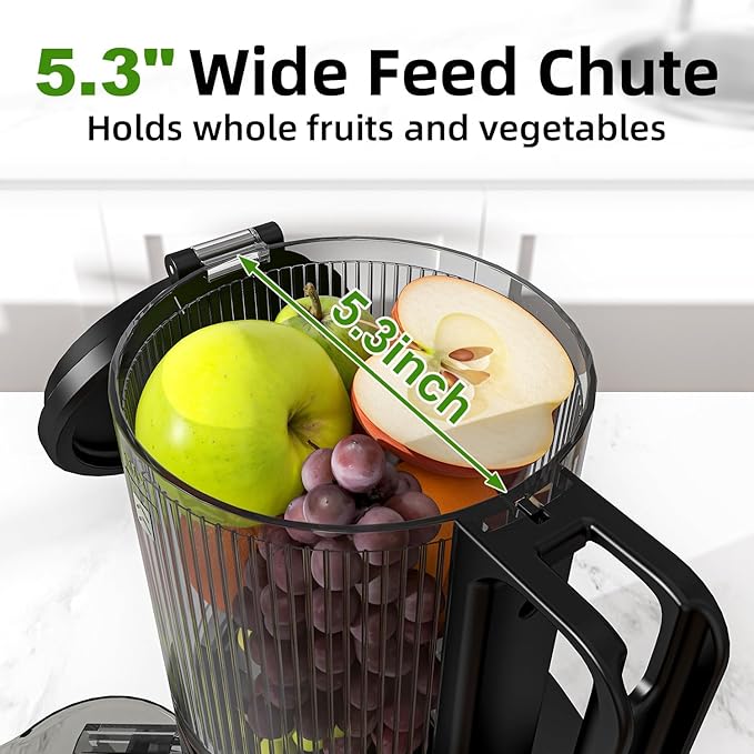 Cold Press Juicer, 5.3" Wide Feed Chute Juice Extractor Machine with 400W, High Juice Yield, Slow Masticating Juicer for Whole Vegetables & Fruits, Grey