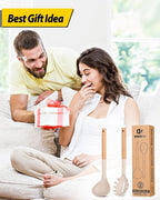 Silicone Pasta Fork and Ladle Spoon Set with Wooden Handle, Heat Resistant Non Stick Kitchen Utensils for Cooking, Stirring, Serving Spaghetti, Soup, Sauce(KHAKI)