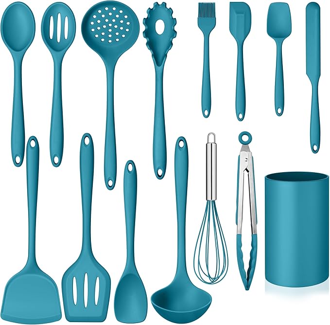 Homikit Silicone Cooking Utensils Set, 15-Piece Nonstick and Heat Resistant Kitchen Utensil Spatula Set with Holder, Kitchen Gadgets Home Essentials & Pots and Pans Accessories, Blue