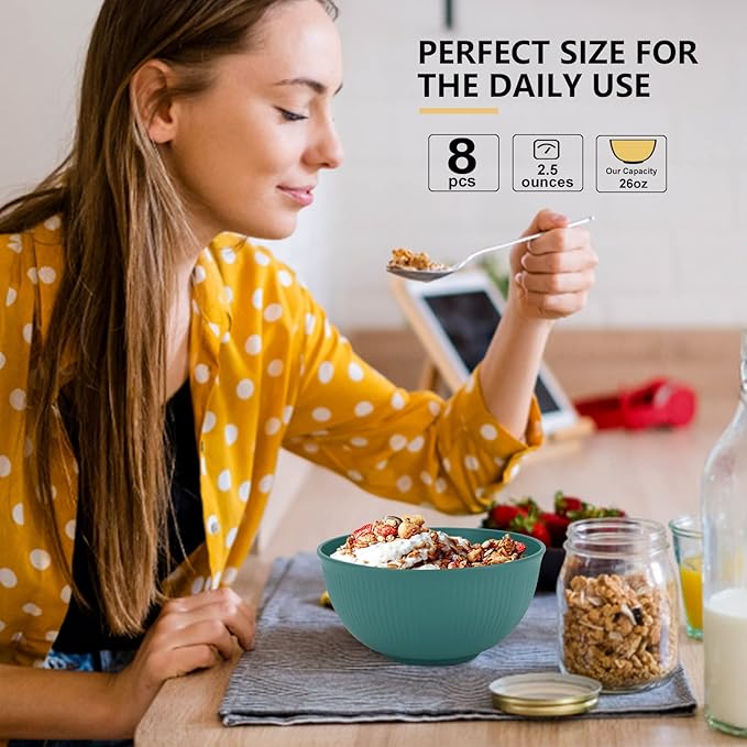 PYRMONT 26 OZ Plastic Soup Bowls - Set of 8 Unbreakable Kids Bowls, Dishwasher & Microwave Safe, BPA-Free