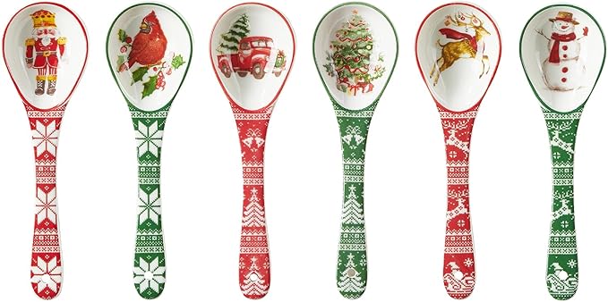 Christmas Spoons, Ceramic Small Serving Spoons for Soups, Cereal, Ice Cream, Condiments, Dips, Charcuterie Boards, Dishwasher & Microwave Safe, Watercolor, Set of 6
