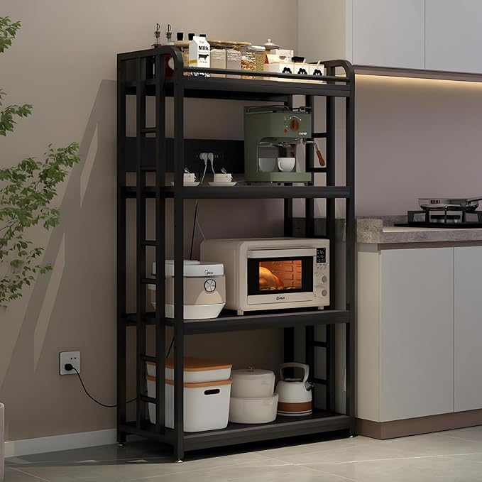 Adjustable 4-Tier Heavy Duty Kitchen Baker's Rack with Power Outlet, with Industrial Wheels, Free Standing Microwave Oven Cart Stand for Storage, Garage, Mini Fridge Stand, Black