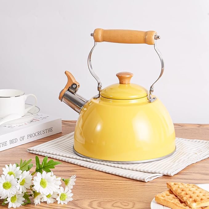 ROCKURWOK Tea Kettle, Tea Pot with Cool Touch Ergonomic Handle, Teapot Food Grade Stainless Steel, Tea Kettle Stovetop, Kettle Teapot, Whistling Tea Kettle, Tea Pot, 2.7 Quart (Yellow)