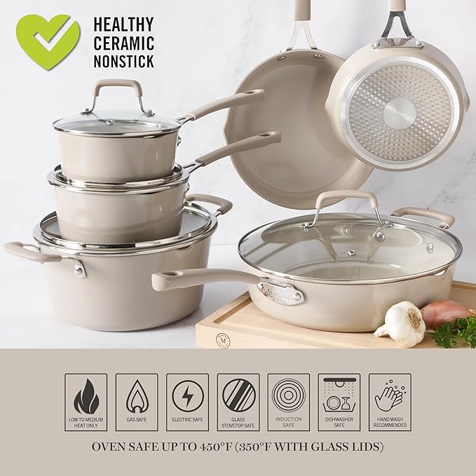 Martha Stewart Heathland Premium Nonstick PFA Free Ceramic Interior 10-Piece Tapered Aluminum Cookware Set - Taupe
